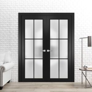 Planum 2122 | Double Swing Interior French Doors With Glass With Frosted Glass, Solid Wood, Hardware Included, 60×80, Black, Modern
