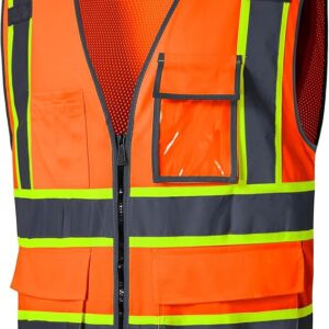 SKSAFETY 10 Pockets Safety Vest, Class 2 High Visibility Security With Zipper Back Mesh, Hi Vis Vest With Reflective Strips, ANSI/ISEA Standard, Construction Work Vest For Men & Women (Orange, L)