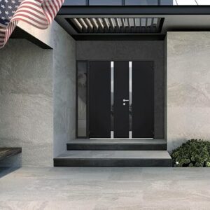 Front Exterior Prehung Steel Double Doors/Cynex 6777 Black/Side Exterior Window/Stainless Inserts Single Modern Painted 84×80 (W72+12″ X H80)-Left-Hand Outswing