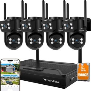 Dual Lens Wireless Security System, 4PCS 2-in-1 Cameras, 4K 10CH NVR, 500GB HDD, 24/7 Recording, WiFi 6 Mesh Long Range, No Subscription, AI Tracking, IP66 Waterproof For Home Office Outdoor