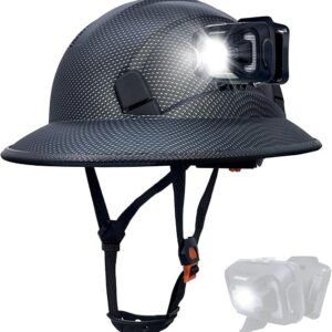 SAFEBUILDER Full Brim Hard Hats With Headlight Safety Helmet Lightweight Adjustable Vented 6 Point Suspension Construction Outdoor Work ANSI Approved