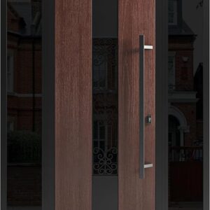 Front Exterior Prehung Steel Door/Ronex 1205 Bronze Oak / 2 Side Exterior Windows Sidelites/Entry Metal Modern Painted W14+36+14″ X H80 Left Hand Inswing