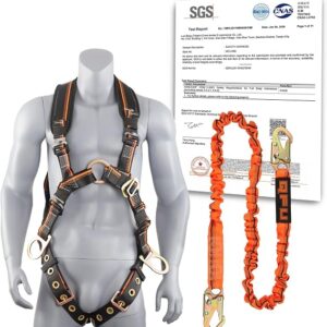 Full Body Safety Harness & Fall Protection Kit With Padded Straps, ANSI Compliant, Includes Shock-Absorbing Lanyard For Roofing, Construction And Industrial Use