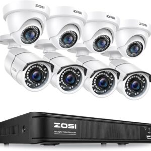ZOSI 8CH H.265+ 1080p Home Security Camera System Outdoor Indoor, 5MP Lite CCTV 8 Channel DVR, 8pcs 1080p Weatherproof Surveillance Bullet Dome Camera, Remote Access, Human Vehicle Detection (No HDD)