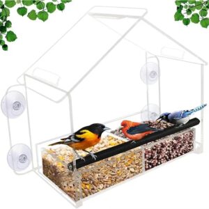 Window Bird Feeder With Suction Cups, Acrylic Transparent Hanging Bird Feeder With Detachable Seed Tray, Outdoor Window Bird Feeder For Wild Bird Watching, Includes Hanging Kit 7.7×7.5x4in