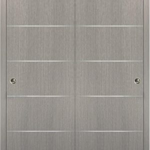Sliding Closet Bypass Doors 36 X 80 With Hardware | Planum 0020 Grey Oak | Sturdy Top Mount Rails Moldings Trims Hardware Set | Modern Wood Solid Bedroom Wardrobe Doors