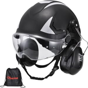 SAFEYEAR Construction Hard Hat With Face Shield & Earmuffs, ANSI Z89.1 Type I Class C Safety Helmet, ABS Hard Hats Construction ASTM Approved, Hi-Viz Reflective, Adjustable Ratchet, Hard Hat For Men