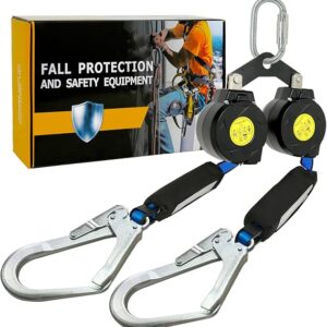 6FT Twin Leg Self Retracting Lifeline Fall Protection Retractable Lanyard | Lightweight Webbing, Dual Steel Hooks For Roofing And Construction