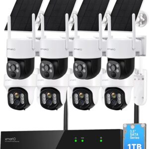 XMARTO 8-Camera Security System Bundle, 10CH 4K Expandable NVR With 1TB HDD, 4 Plug-in 2K Dual Lens 10X Zoom PTZ AI Tracking Cameras & 4 Solar Wire-Free Cam, Long Range WiFi6, 0 Monthly Fees