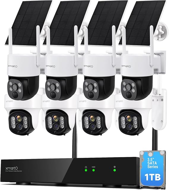 XMARTO 8-Camera Security System Bundle, 10CH 4K Expandable NVR With 1TB HDD, 4 Plug-in 2K Dual Lens 10X Zoom PTZ AI Tracking Cameras & 4 Solar Wire-Free Cam, Long Range WiFi6, 0 Monthly Fees