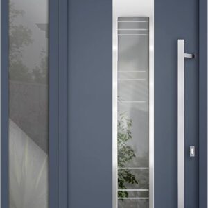 Front Exterior Prehung Steel Door/Deux 5755 Gray Graphite/Side And Top Exterior Window/Stainless Inserts Single Modern Painted-W36+16″ X H80+16″-Right-Hand Inswing