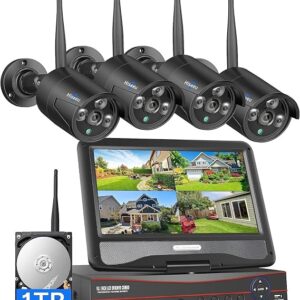 Hiseeu Home Security Camera System, 24/7 Recording Wired Plug-in Powered 4Pcs 5MP Outdoor Cameras, 10.1″ LCD 16CH 8MP NVR&Monitor, One-Way Audio, Motion Detection, 1TB HDD, 2.4G/5G Wireless WiFi Pro