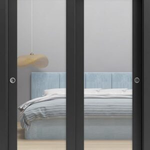 Sliding Closet Door SARTODOORS Lucia 1299 Bypass Interior Doors With Mirror, Solid Wood, 84×96, Black, Modern Style Hardware Included