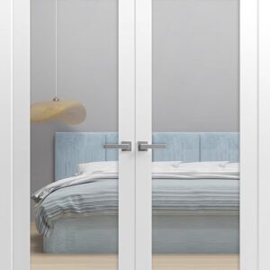 Solid French Double Doors 72 X 84 Inches Clear Glass Transparent | Lucia 2166 Matte White | Wood Solid Panel Frame Trims | Closet Bedroom Sturdy Doors