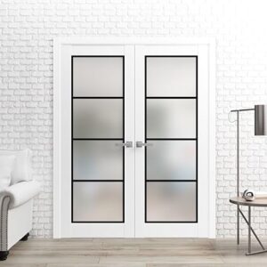 Planum 2132 | Double Swing Interior French Doors With Glass With Frosted Glass, Solid Wood, Hardware Included, 60×84, White, Modern