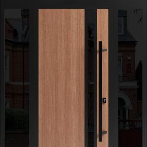 Front Exterior Prehung Steel Door/Ronex 1033 Teak / 2 Side And Top Exterior Window Sidelite/Entry Metal Modern Painted W12+36+12″ X H80+16″ Left Hand Inswing