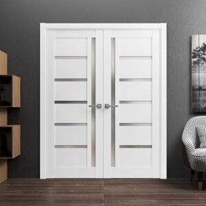 Quadro 4088 Interior Doors 84 X 80 In, White Frosted Glass Solid French Double Door, Solid MDF Core, Frame And Satin Nickel Hardware Included