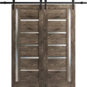 Quadro 4088 Barn Door 6496 In, Cognac Oak Frosted Glass Double Sliding Interior Door, Solid MDF Core, 13 FT Black Rail Hardware Included