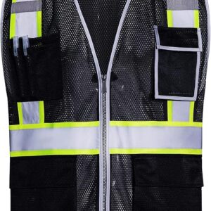 SKSAFETY 10 Pockets Safety Vest, Class 2 High Visibility Security With Zipper Double-sided Mesh, Hi Vis Vest With Reflective Strips, ANSI/ISEA Standard, Construction Work Vest Black, 3XL