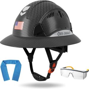 Structure Full Brim Hard Hat With Glasses And Cooling Towel Adjustable Ventilation Reflective Helmet ANSI Z89.1 Type OSHA Approved 6 Point Hanging Helmet For Industrial