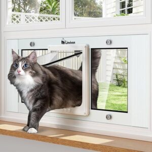 Adjustable Cat Door For Window, 31″-36″ Quick Install | 4 Locking Modes Keeps Pets In/Out, Window Insert Design, Magnetic Closure, Weatherproof Aluminum Frame, Durable & Safe