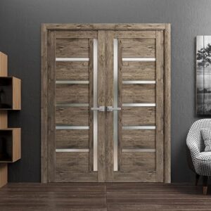 SARTODOORS Quadro 4088 Interior Doors 48 X 80 In, Cognac Oak Frosted Glass Solid French Double Door, Solid MDF Core, Frame And Satin Nickel Hardware Included