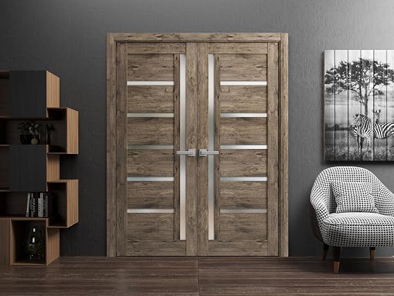SARTODOORS Quadro 4088 Interior Doors 48 X 80 In, Cognac Oak Frosted Glass Solid French Double Door, Solid MDF Core, Frame And Satin Nickel Hardware Included