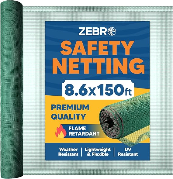 Fire Retardant Debris Safety Netting 8.6 X 150 - Green - High Visibility Construction & Scaffolding & Railing & Elevator Netting For Enhanced Safety - Construction Fencing