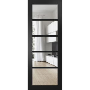 Quadro 4522 Matte Black 32-in x 80-in with Clear Glass Slab Barn Door Panel | Sturdy Finished Doors | Pocket Closet Sliding